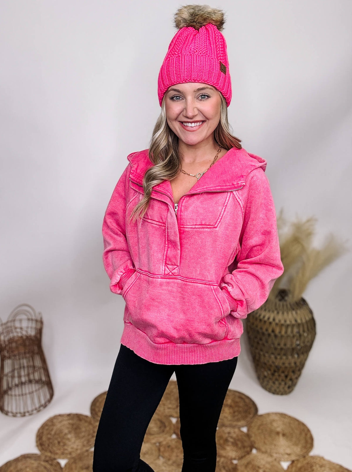 Zenana Fuchsia Pink Acid Washed 1/4 Zip Closure Fleece Lined Hoodie Pullover Kangaroo Pocket Ribbed Cuff and Hem Details Oversized Fit 58% Cotton, 37% Polyester, 5% Spandex