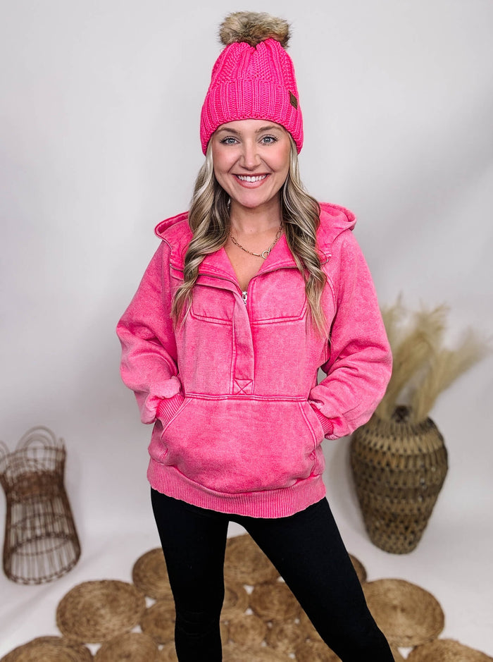Zenana Fuchsia Pink Acid Washed 1/4 Zip Closure Fleece Lined Hoodie Pullover Kangaroo Pocket Ribbed Cuff and Hem Details Oversized Fit 58% Cotton, 37% Polyester, 5% Spandex