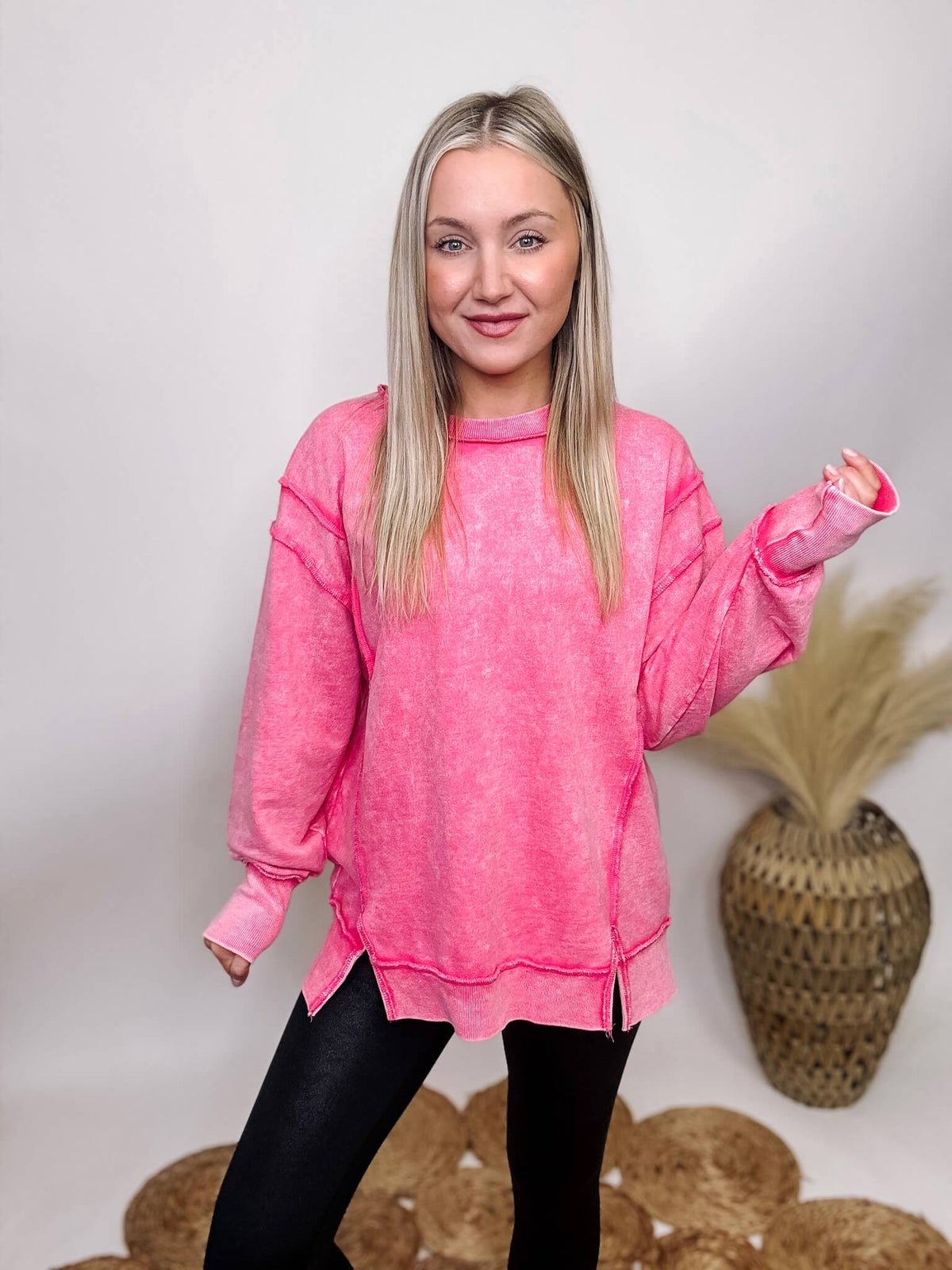 Zenana Fuchsia Pink Acid Washed French Terry Pullover Exposed Seams Side Slits Back Patch Oversized Fit 100% Cotton ** Each item will be unique due to the acid washed finishing.