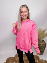 Zenana Fuchsia Pink Acid Washed French Terry Pullover Exposed Seams Side Slits Back Patch Oversized Fit 100% Cotton ** Each item will be unique due to the acid washed finishing.