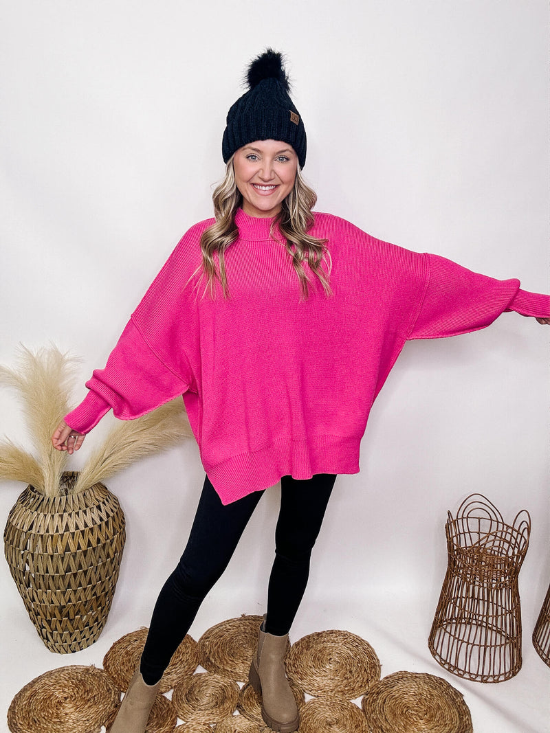 Zenana Fuchsia Pink Heavyweight Sweater Side Slits Balloon Sleeves Exposed Seam Details Ribbed Details Stretchy Premium Quality Material Oversized Fit 56% Cotton, 38% Acrylic, 6% Nylon