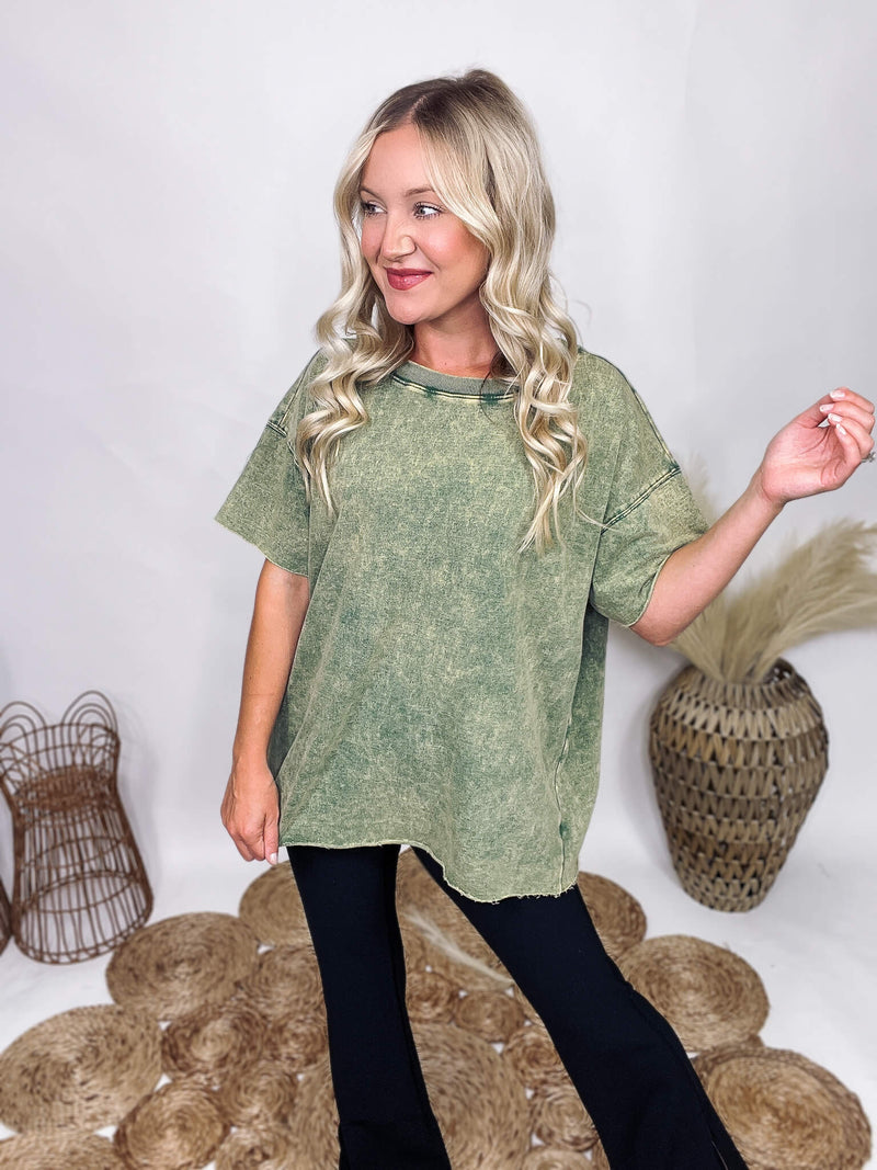 Zenana Green Acid Washed Oversized French Terry Raw Edge Boyfriend T-Shirt Oversized Fit 100% Cotton ** Each item is unique in color/finishing due to the mineral wash.