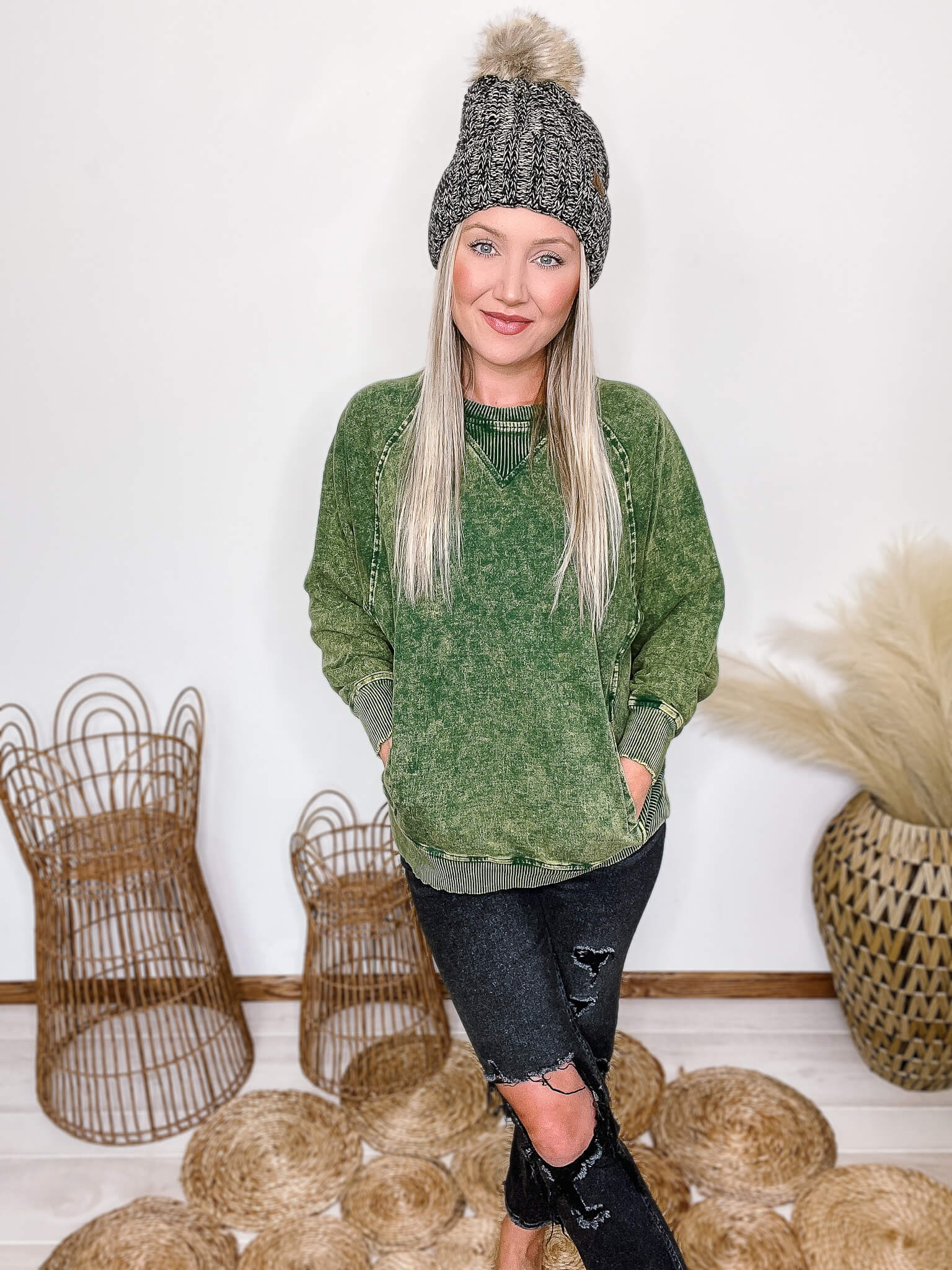Green Acid Washed Pocketed Pullover