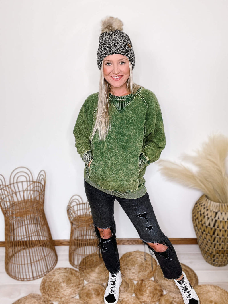 Zenana Green Acid Washed Long Sleeve Pullover Lightweight French Terry Material with Slight Stretch Side Pockets Ribbed V Detail, Sides, Cuffs and Hem 100% Cotton