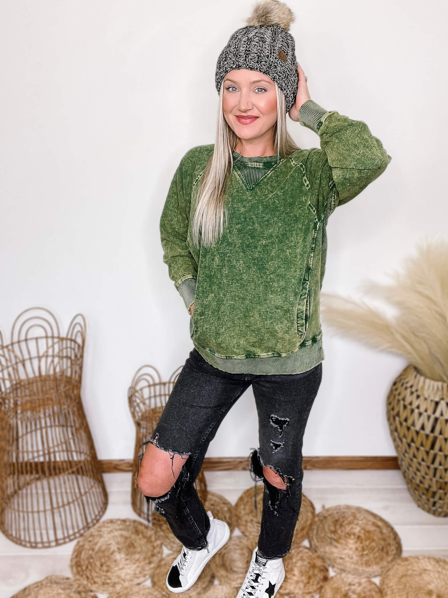 Green Acid Washed Pocketed Pullover