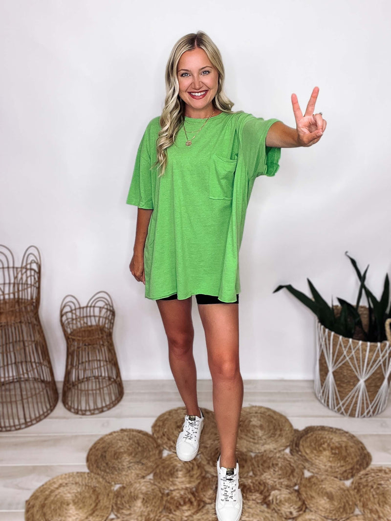Zenana Green Oversized Raw Edge Boyfriend T-Shirt Oversized Fit 60% Cotton, 40% Polyester
