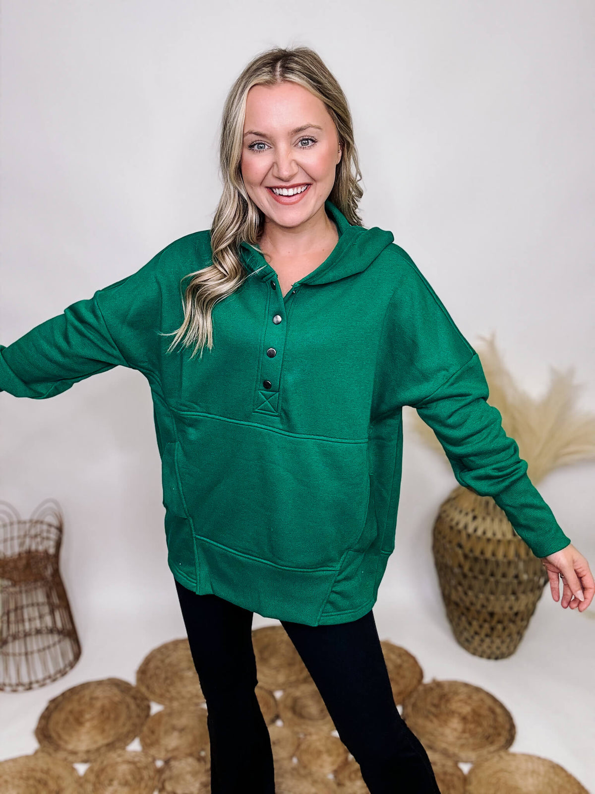 Zenana Forest Green Half Button Up Hoodie Pullover Kangaroo Pocket Ribbed Cuff Details Oversized Fit 60% Cotton, 40% Polyester