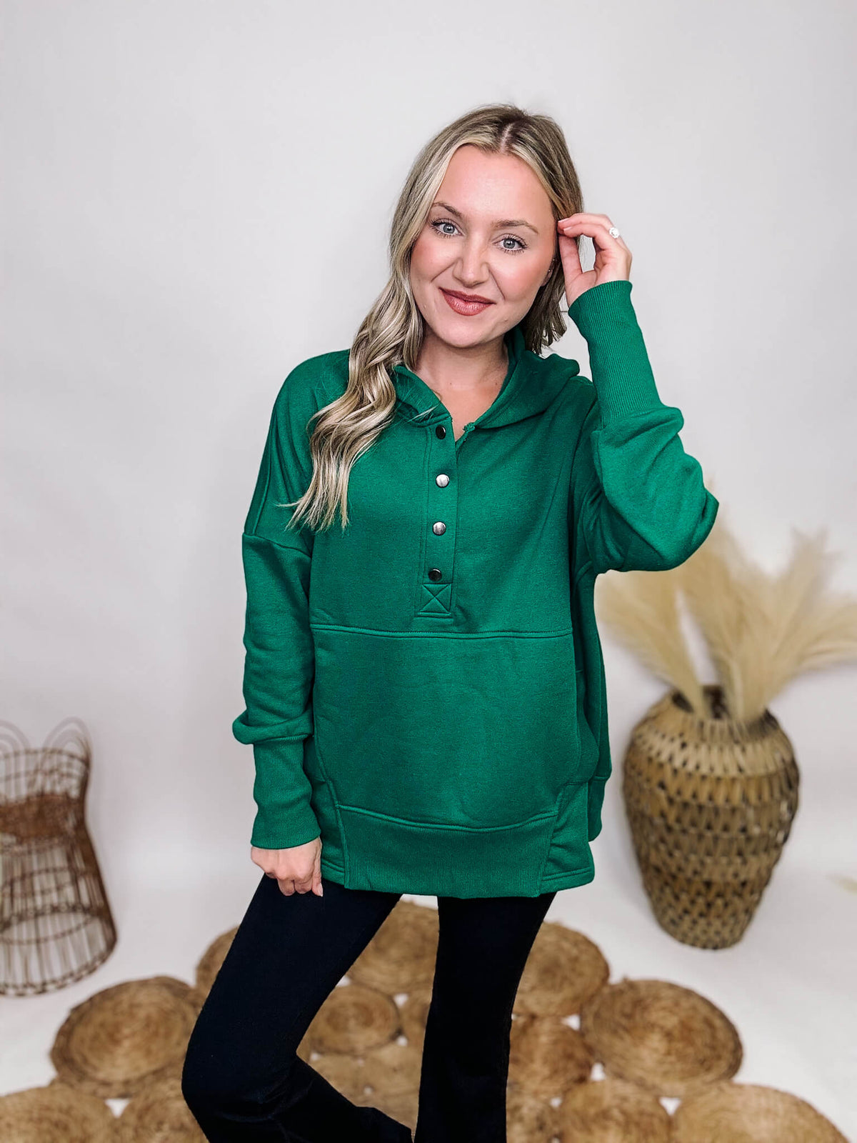 Zenana Forest Green Half Button Up Hoodie Pullover Kangaroo Pocket Ribbed Cuff Details Oversized Fit 60% Cotton, 40% Polyester