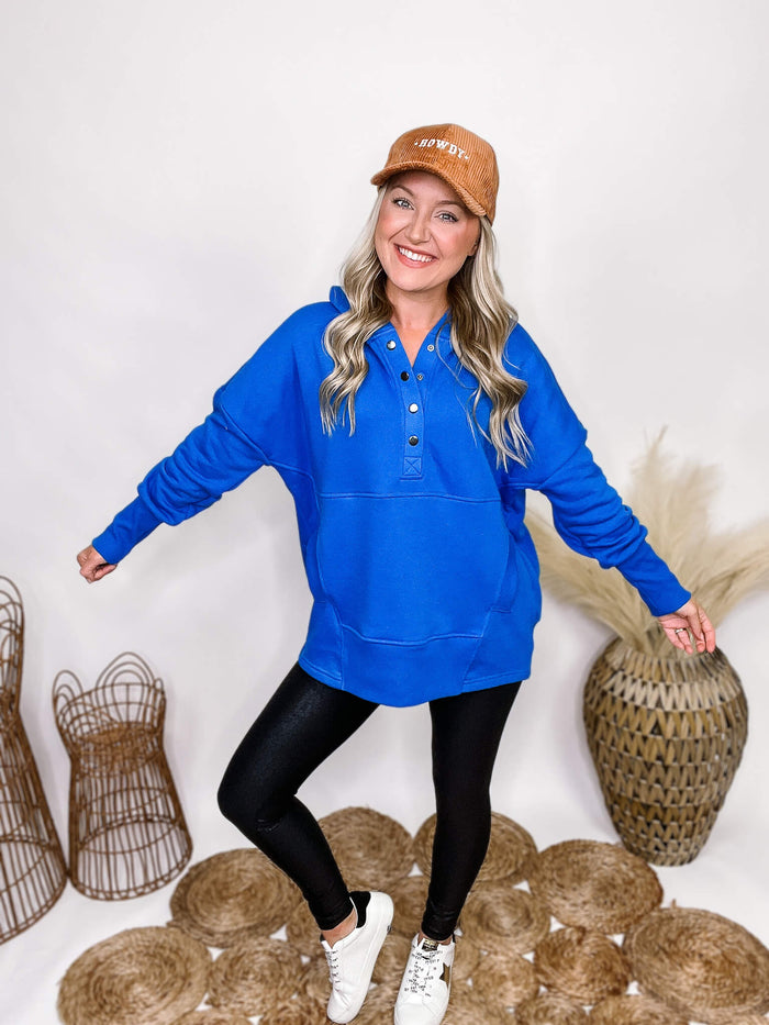 Zenana Ocean Blue Half Button Up Hoodie Pullover Kangaroo Pocket Ribbed Cuff Details Oversized Fit 60% Cotton, 40 Polyester