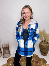 Zenana Ocean Blue Plaid Super Soft Fleece Oversized Shacket Side Pockets Chest Pockets Button Up Front Grey Hood with Drawstring Oversized Fit 100% Polyester