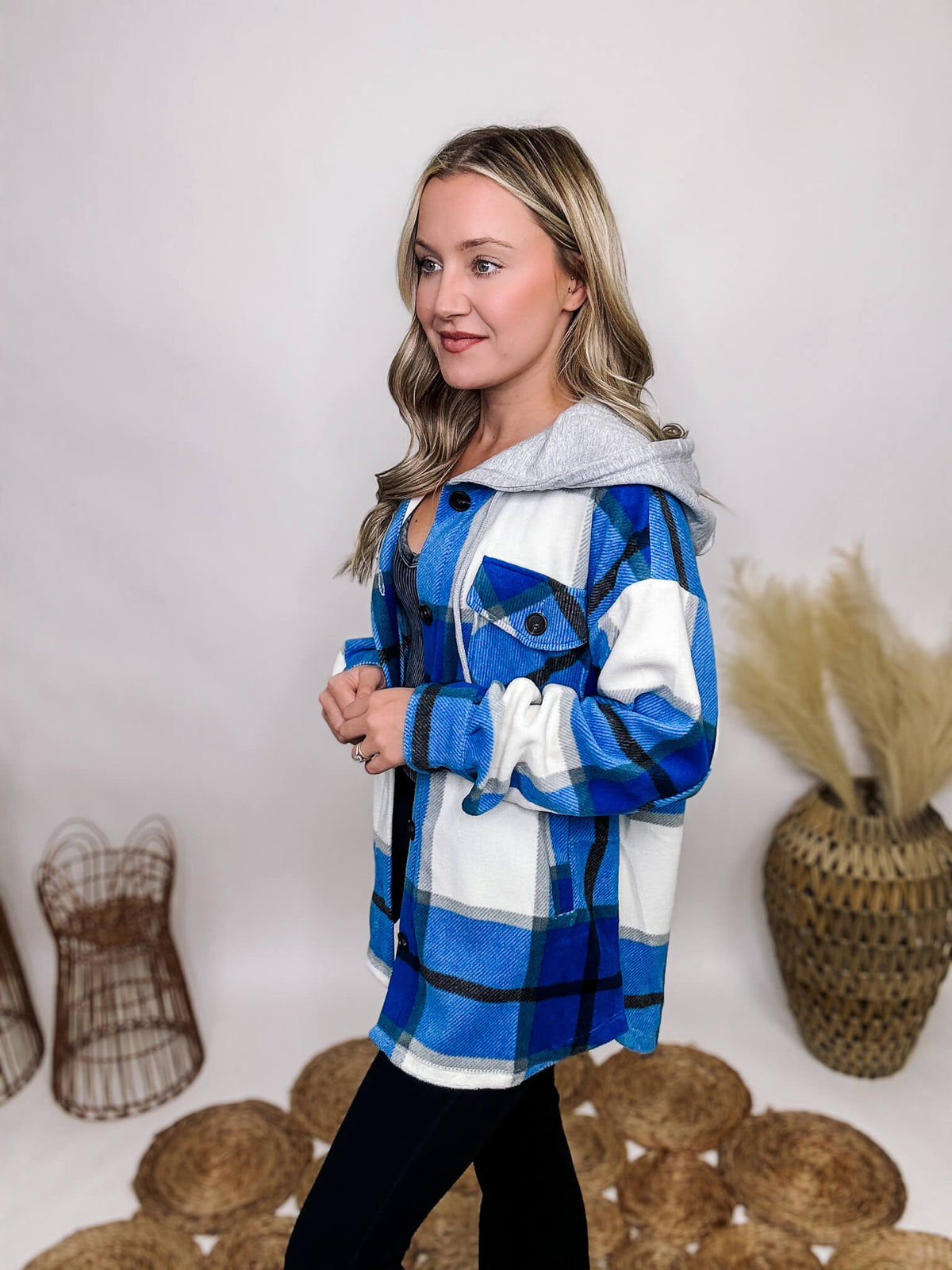 Zenana Ocean Blue Plaid Super Soft Fleece Oversized Shacket Side Pockets Chest Pockets Button Up Front Grey Hood with Drawstring Oversized Fit 100% Polyester
