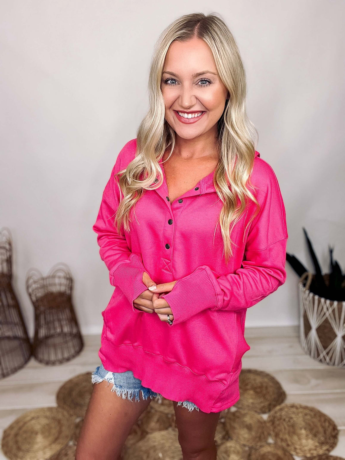 Zenana Hot Pink Fuchsia Long Sleeve Pullover Hoodie: Thumbhole Sleeves, Half Button Up, Side Pockets, Ribbed Details, Oversized Fit, 100% Polyester