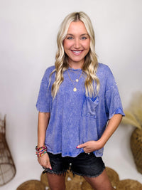 Zenana Indigo Acid Washed Ribbed Short Sleeve Top