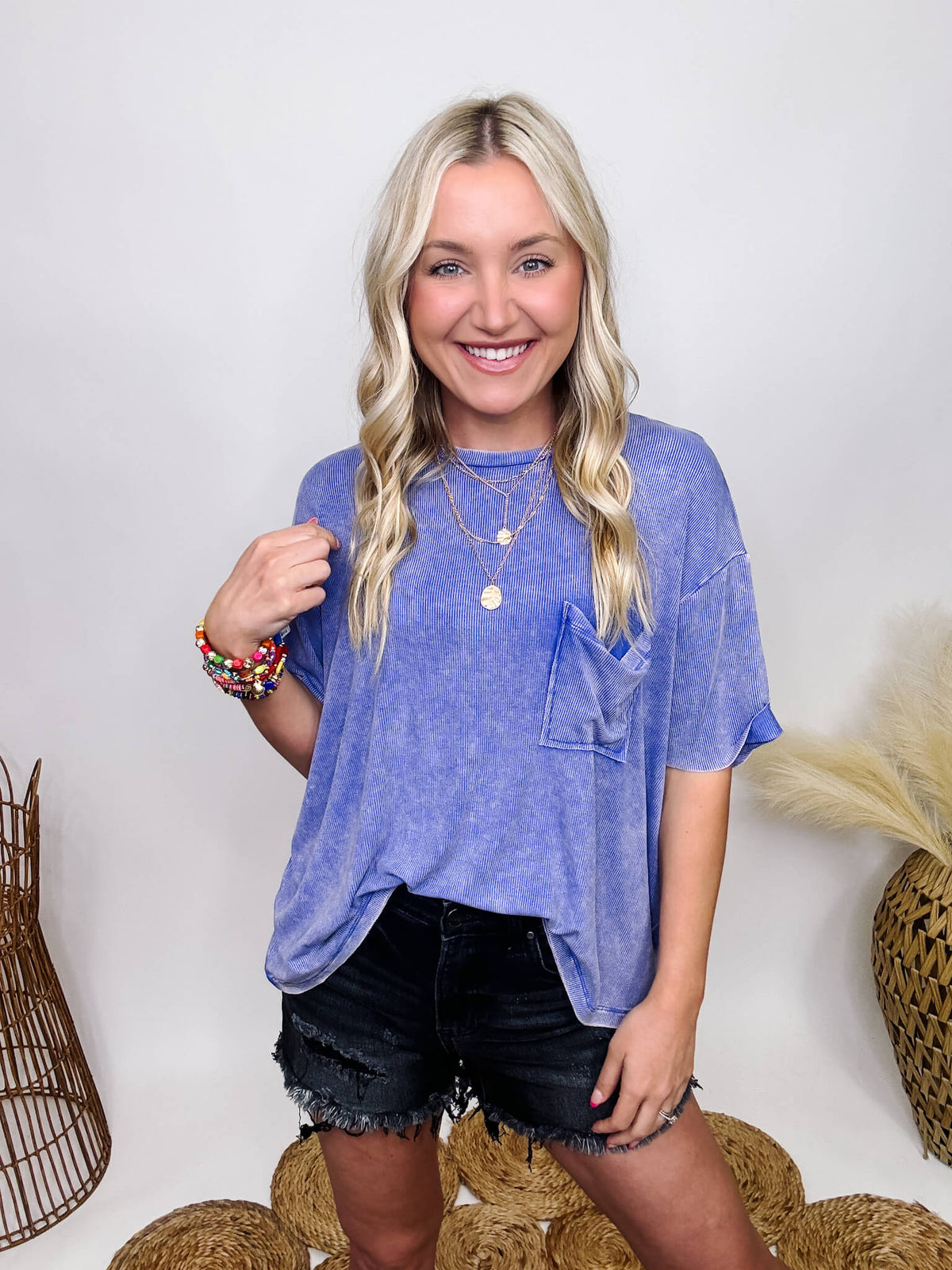 Zenana Indigo Acid Washed Ribbed Short Sleeve Top