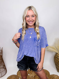 Zenana Indigo Acid Washed Ribbed Short Sleeve Top