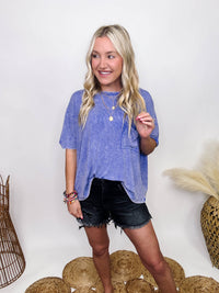Zenana Indigo Acid Washed Ribbed Short Sleeve Top