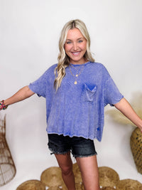 Zenana Indigo Acid Washed Ribbed Short Sleeve Top