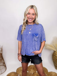 Zenana Indigo Acid Washed Ribbed Short Sleeve Top