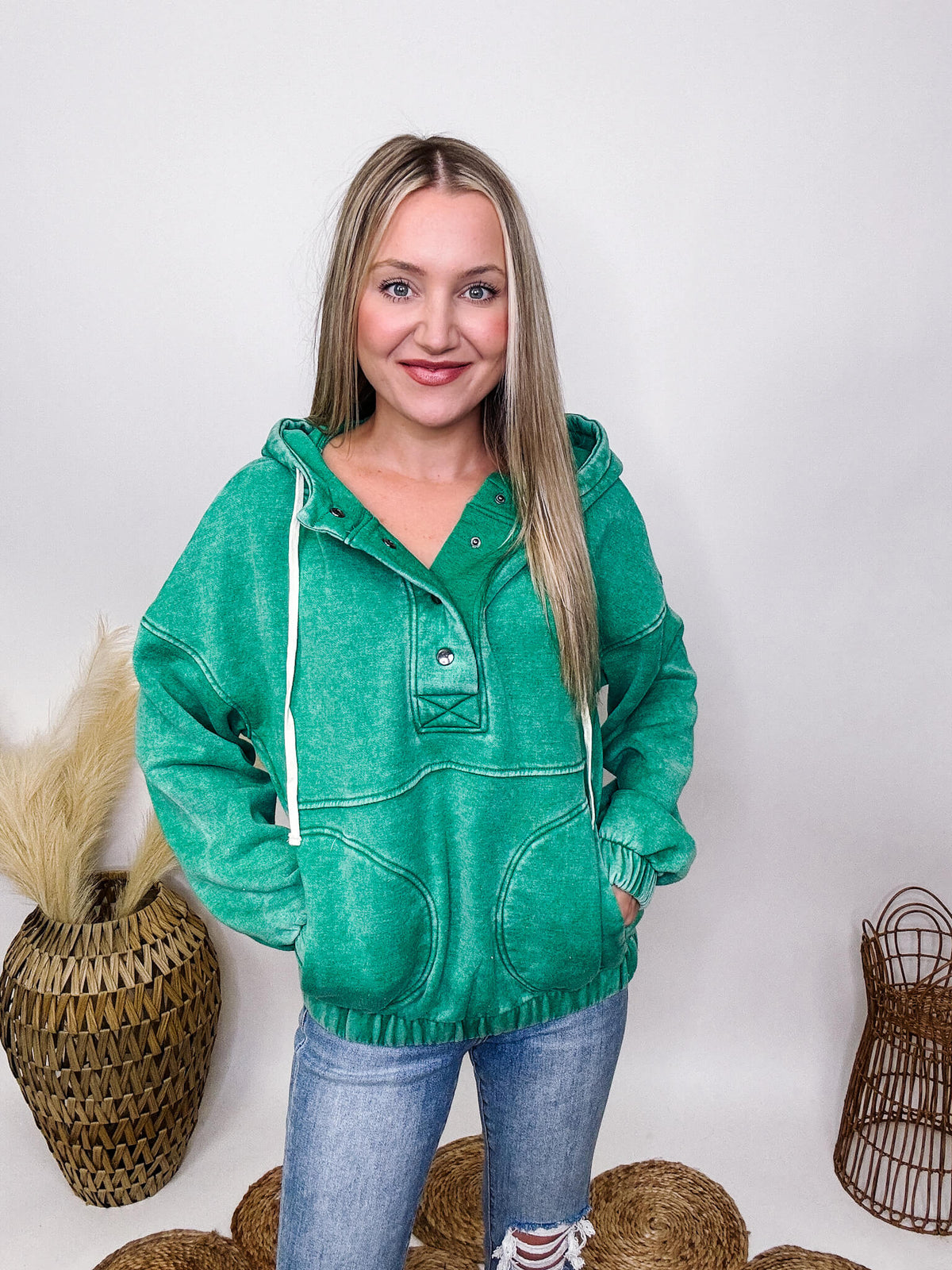 Zenana Kelly Green Acid Washed Half Button Up Hoodie Pullover Side Pockets Ribbed Elastic Cuff and Hem Details Oversized Fit 58% Cotton, 37% Polyester, 5% Spandex