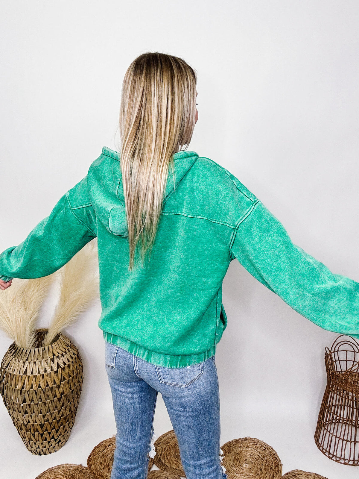 Zenana Kelly Green Acid Washed Half Button Up Hoodie Pullover Side Pockets Ribbed Elastic Cuff and Hem Details Oversized Fit 58% Cotton, 37% Polyester, 5% Spandex
