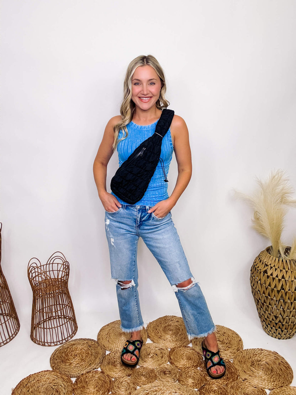 Light Blue Acid Washed Ribbed Sleeveless High Neck Tank with Exposed Seams