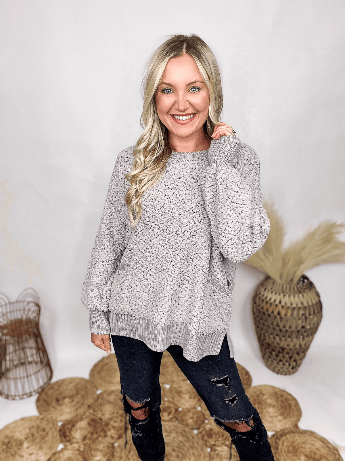 Zenana Light Grey Popcorn Pullover Sweater Balloon Sleeves Double Front Pockets Side Slits Ribbed Details Soft and Snuggly Relaxed Fit 78% Polyester, 22% Acrylic 
