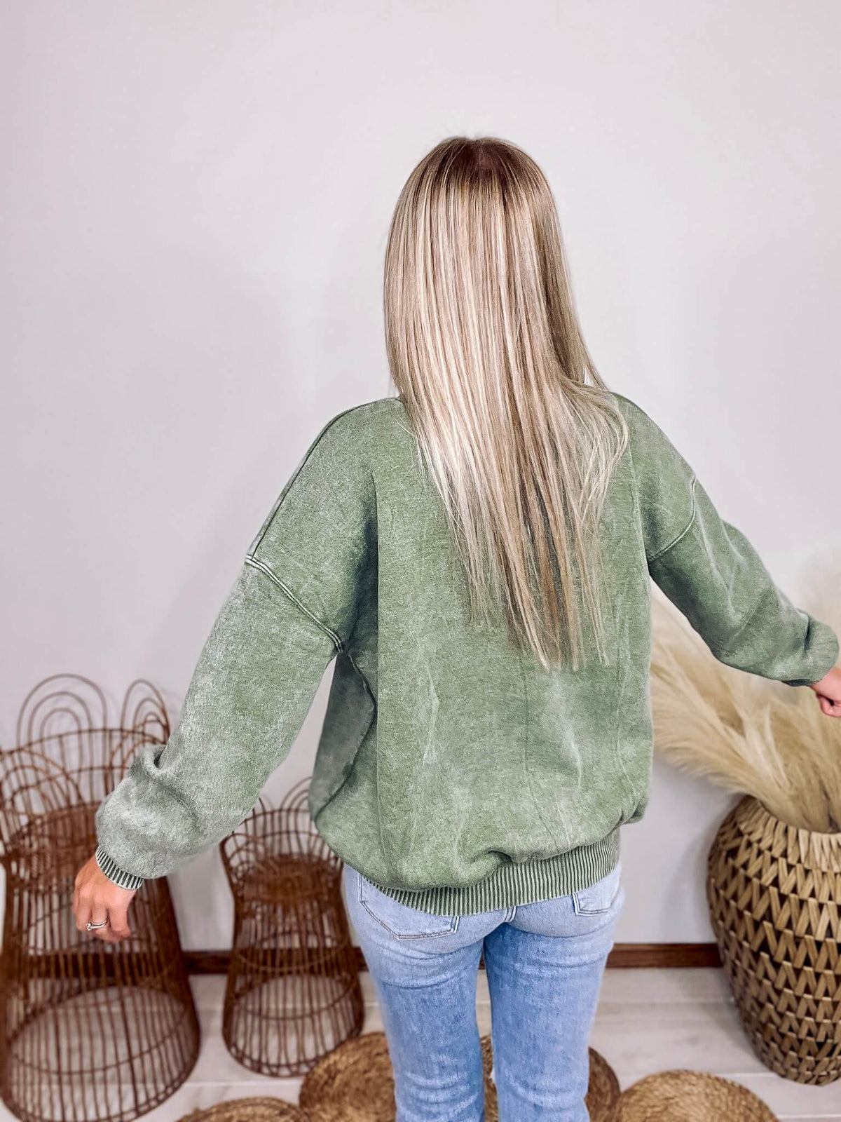 Zenana Light Olive Green Acid Washed Long Sleeve Pullover Sweatshirt Fleece Inside Ribbed Hem Details Relaxed Fit 60% Cotton, 40% Polyester