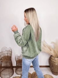 Zenana Light Olive Green Acid Washed Long Sleeve Pullover Sweatshirt Fleece Inside Ribbed Hem Details Relaxed Fit 60% Cotton, 40% Polyester