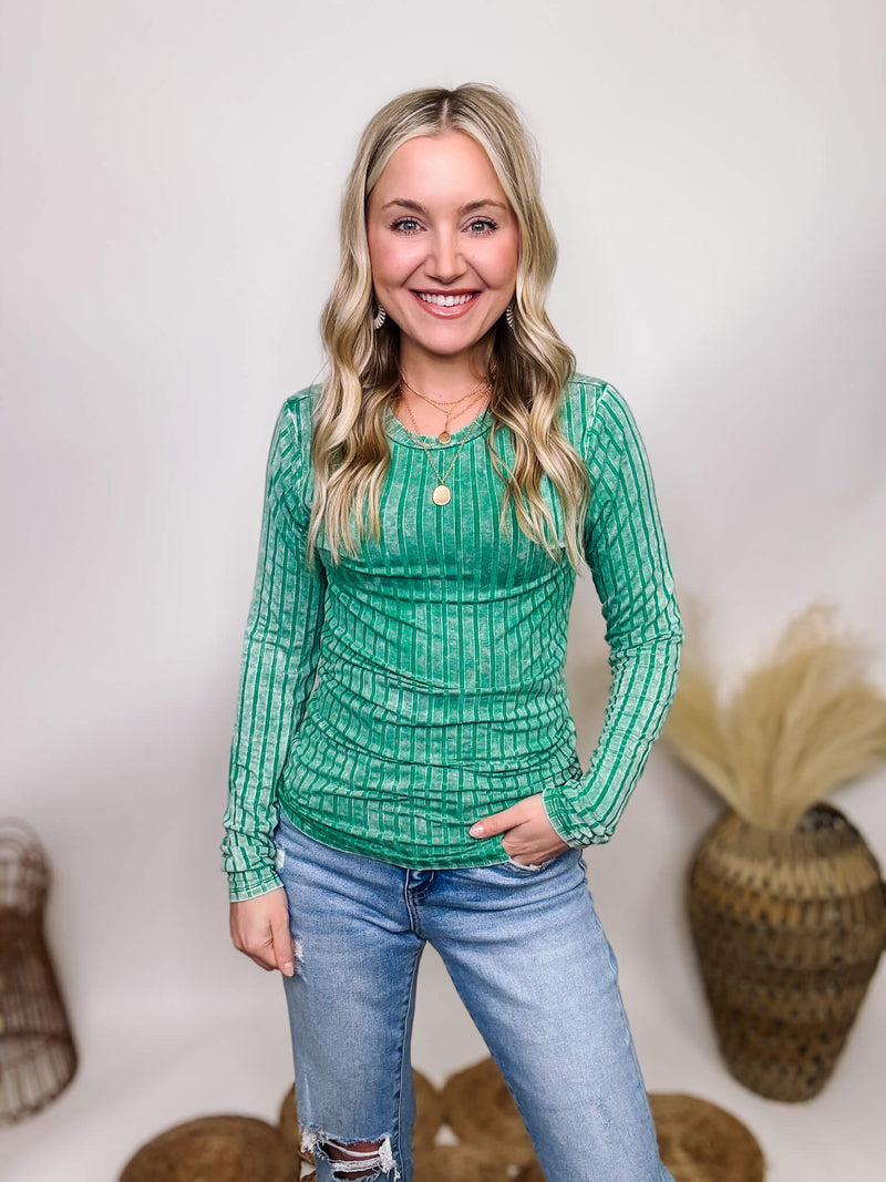 Zenana Green Acid Washed Long Sleeve Top with Wide Ribbed and Exposed Seam Details, Stretchy Fabric, and Oversized Fit. Made from 95% Rayon, 5% Spandex.