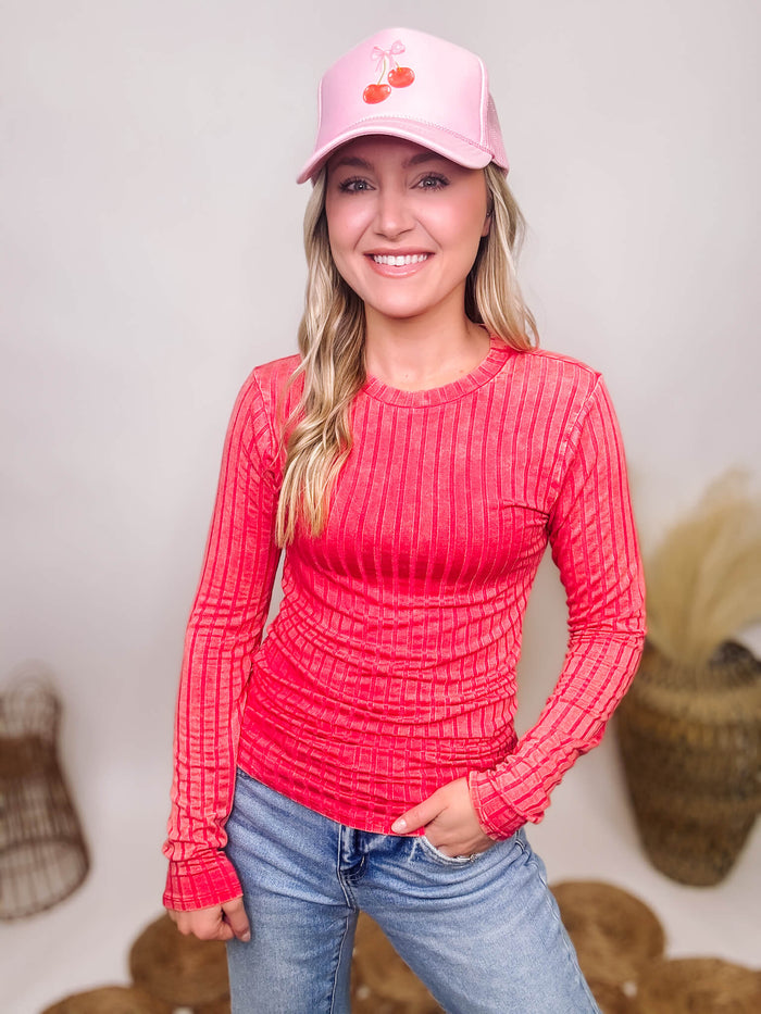 Zenana Pink Magenta Acid Washed Long Sleeve Top with Wide Ribbed and Exposed Seam Details, Stretchy Fabric, and Oversized Fit. Made from 95% Rayon, 5% Spandex.