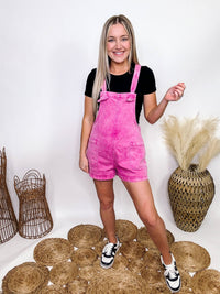 Zenana Mineral Washed Hot Pink Short Overalls Adjustable Knot Straps Pockets Relaxed Fit 97% Cotton, 3% Spandex Approximately 2.25" Inseam