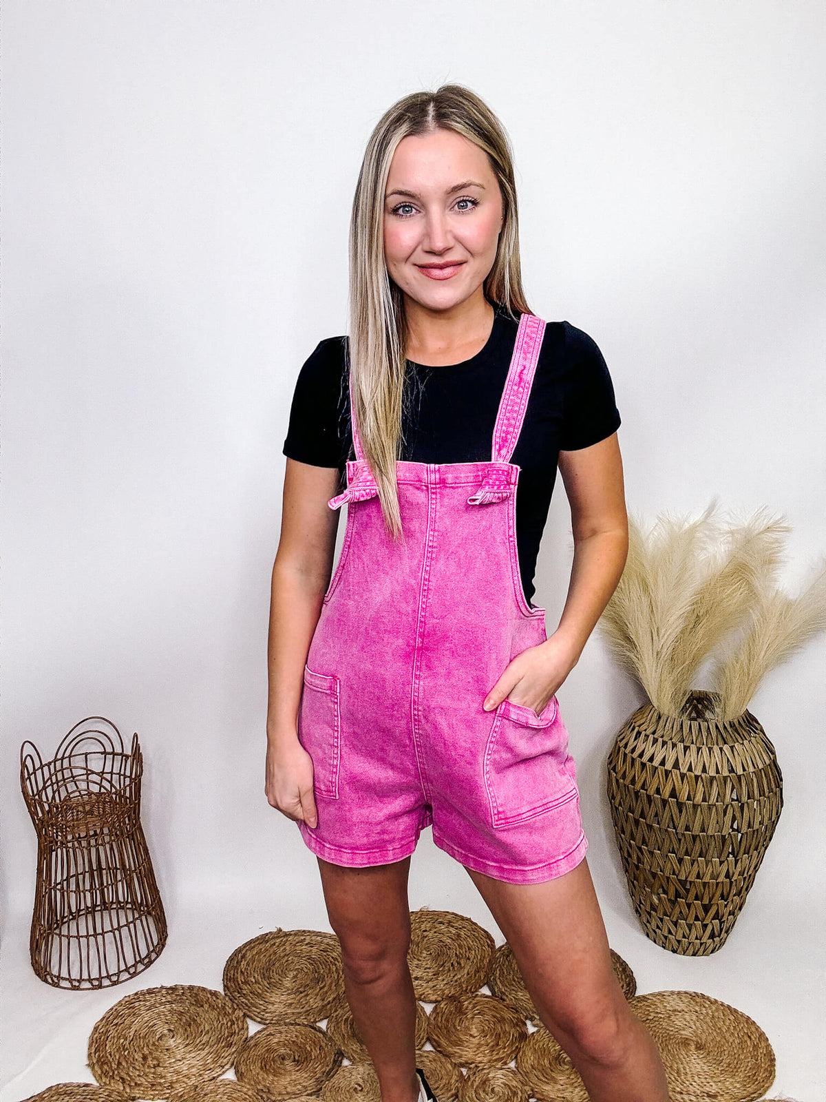 Zenana Mineral Washed Hot Pink Short Overalls Adjustable Knot Straps Pockets Relaxed Fit 97% Cotton, 3% Spandex Approximately 2.25" Inseam