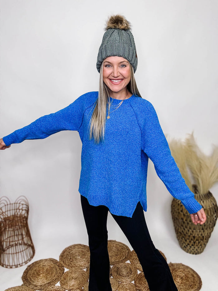 Zenana Ocean Blue Soft Chenille Sweater Side Slits Ribbed Hem Details Exposed Seam Details Oversized Fit 79% Polyester, 21% Acrylic 