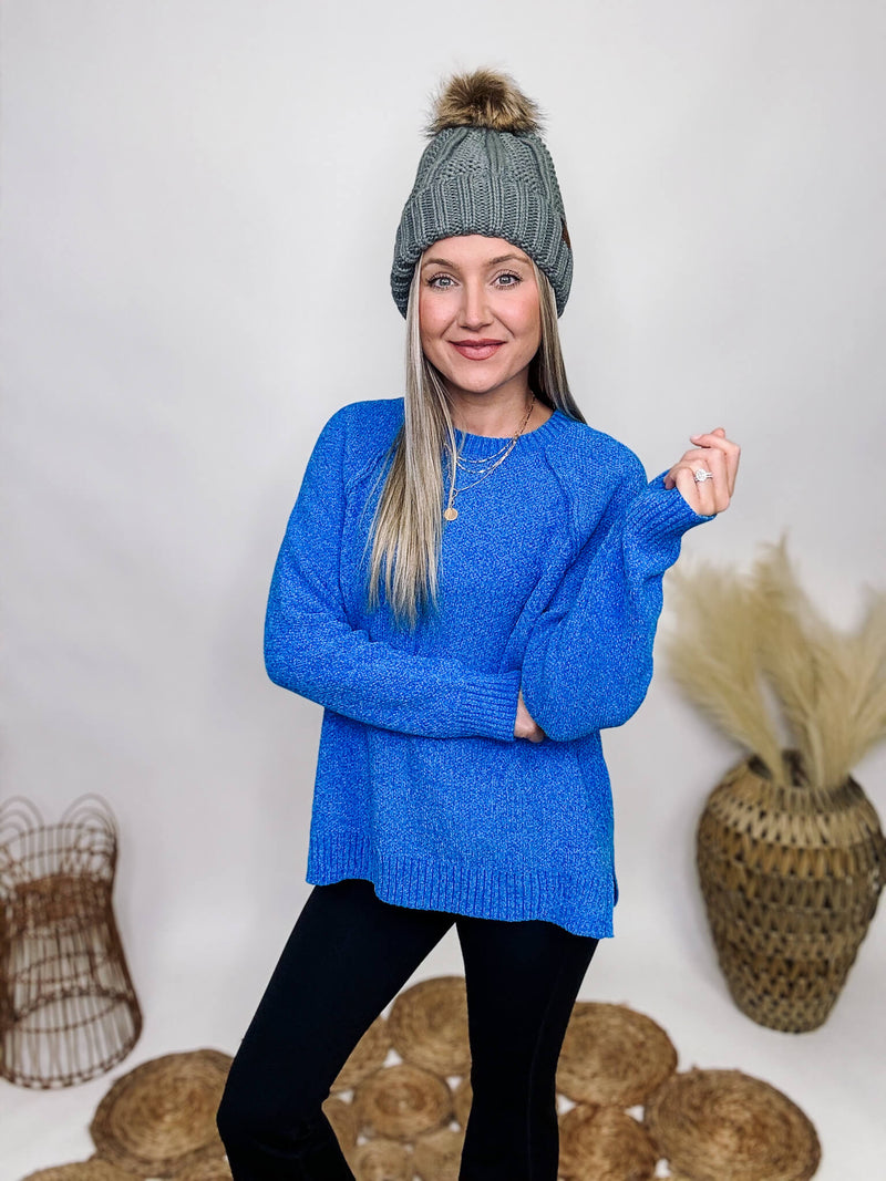 Zenana Ocean Blue Soft Chenille Sweater Side Slits Ribbed Hem Details Exposed Seam Details Oversized Fit 79% Polyester, 21% Acrylic 