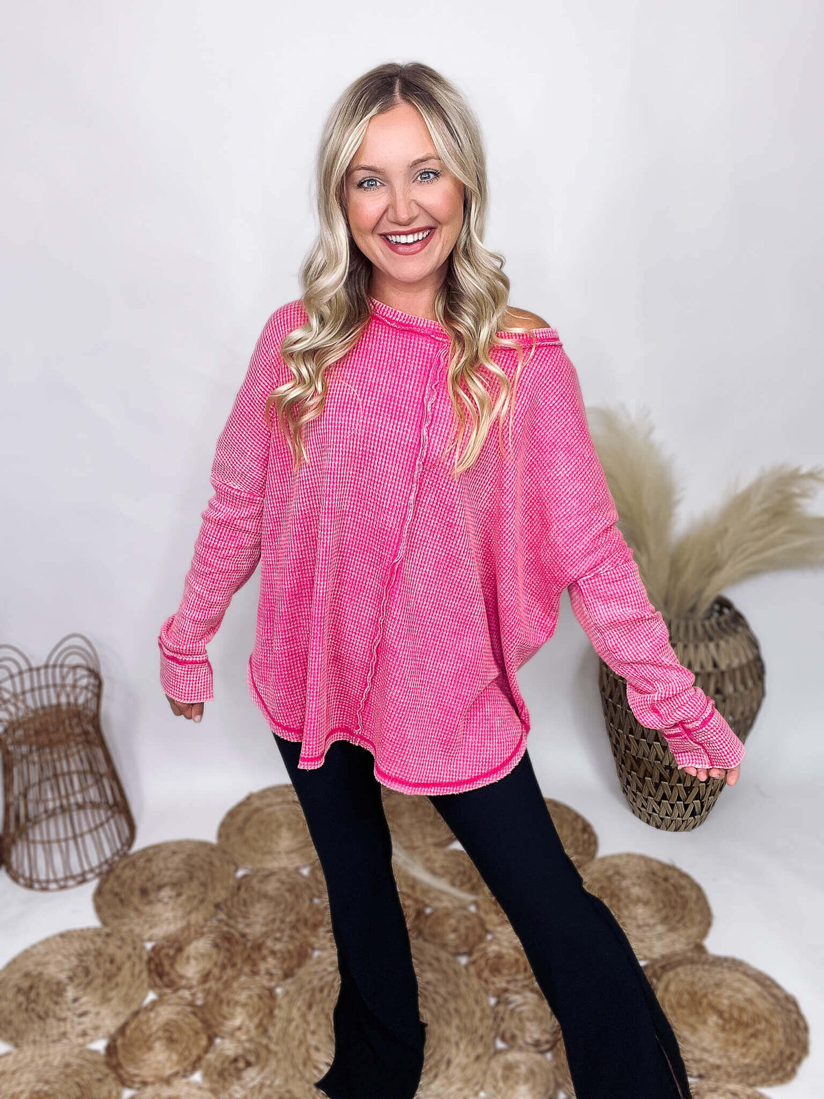 Fuchsia  Mineral Washed Waffle Long Sleeve Top Raw Edge Details Round Hem Back Patch Oversized Fit 100% Cotton