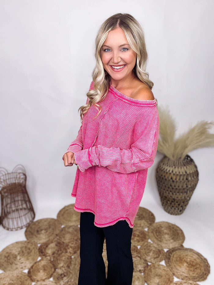 Fuchsia  Mineral Washed Waffle Long Sleeve Top Raw Edge Details Round Hem Back Patch Oversized Fit 100% Cotton