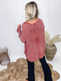 Zenana Rusty Brick  Mineral Washed Waffle Long Sleeve Top Raw Edge Details Round Hem Back Patch Oversized Fit 100% Cotton