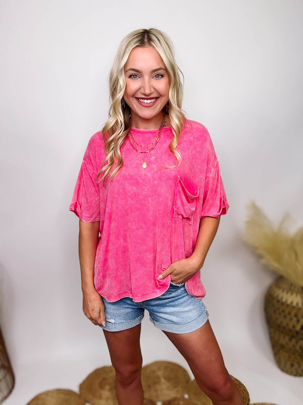Zenana Fuchsia Pink Acid Washed Ribbed Short Sleeve Top