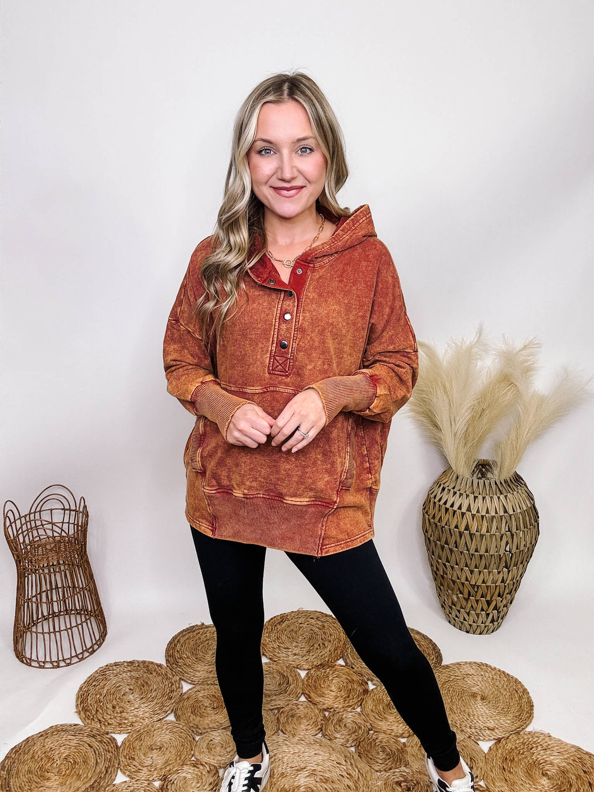 Zenana Rusty Orange Acid Washed Long Sleeve Pullover Hoodie Half Button Up Kangaroo Pocket Ribbed Details Lightweight French Terry Material Oversized Fit 100% Cotton  ** Each item will be unique due to the acid wash.