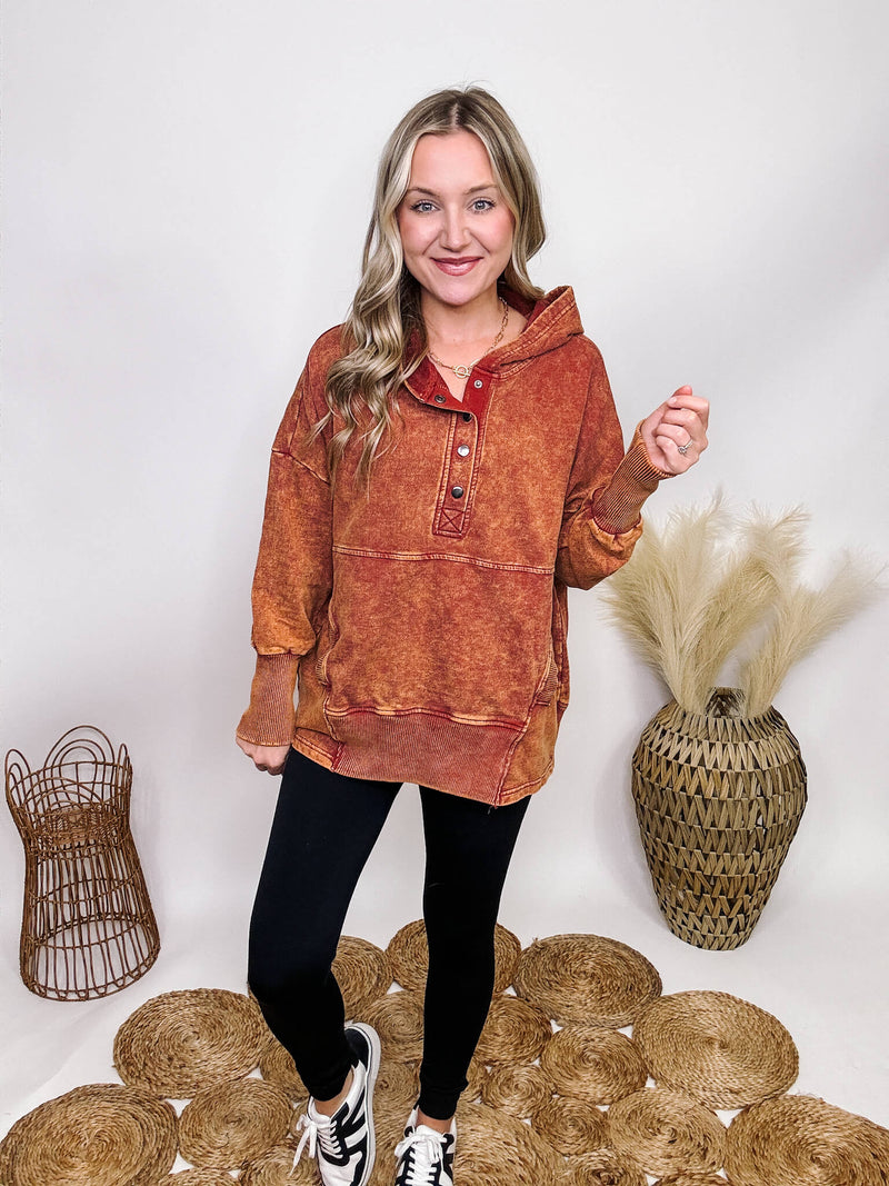Zenana Rusty Orange Acid Washed Long Sleeve Pullover Hoodie Half Button Up Kangaroo Pocket Ribbed Details Lightweight French Terry Material Oversized Fit 100% Cotton  ** Each item will be unique due to the acid wash.