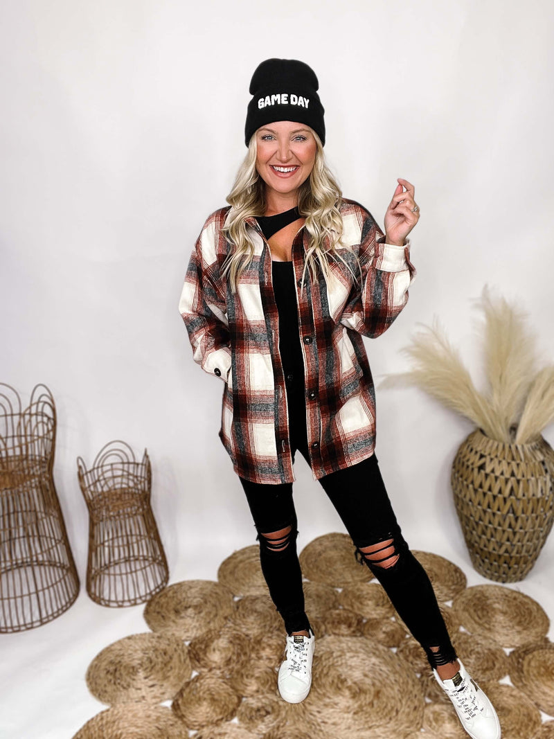 Zenana Rusty Red Plaid Oversized Shacket Side Pockets Chest Pocket Oversized Fit 60% Polyester, 40% Recycled Polyester