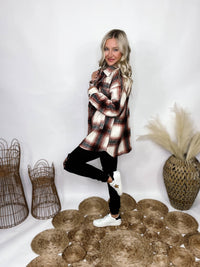 Zenana Rusty Red Plaid Oversized Shacket Side Pockets Chest Pocket Oversized Fit 60% Polyester, 40% Recycled Polyester