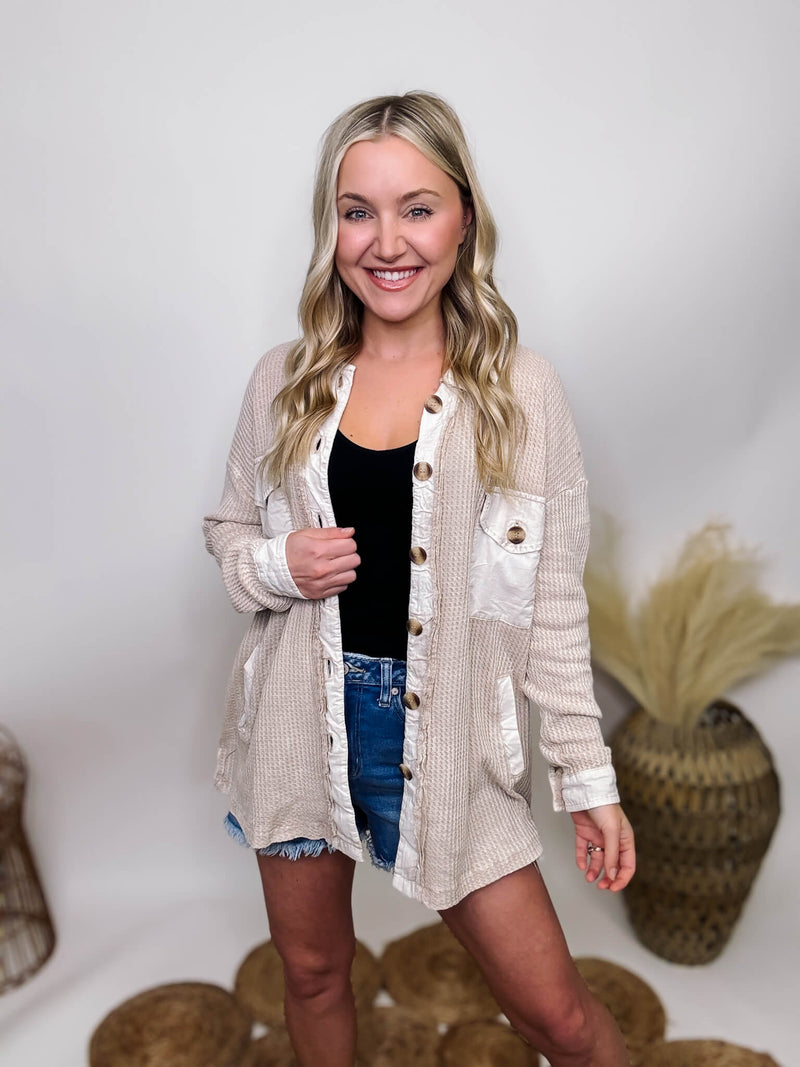 Zenana Sand Beige Acid Washed Lightweight Waffle Jacket with Side Pockets, Chest Pockets, and Oversized Fit. Made from 100% Cotton