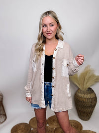 Zenana Sand Beige Acid Washed Lightweight Waffle Jacket with Side Pockets, Chest Pockets, and Oversized Fit. Made from 100% Cotton
