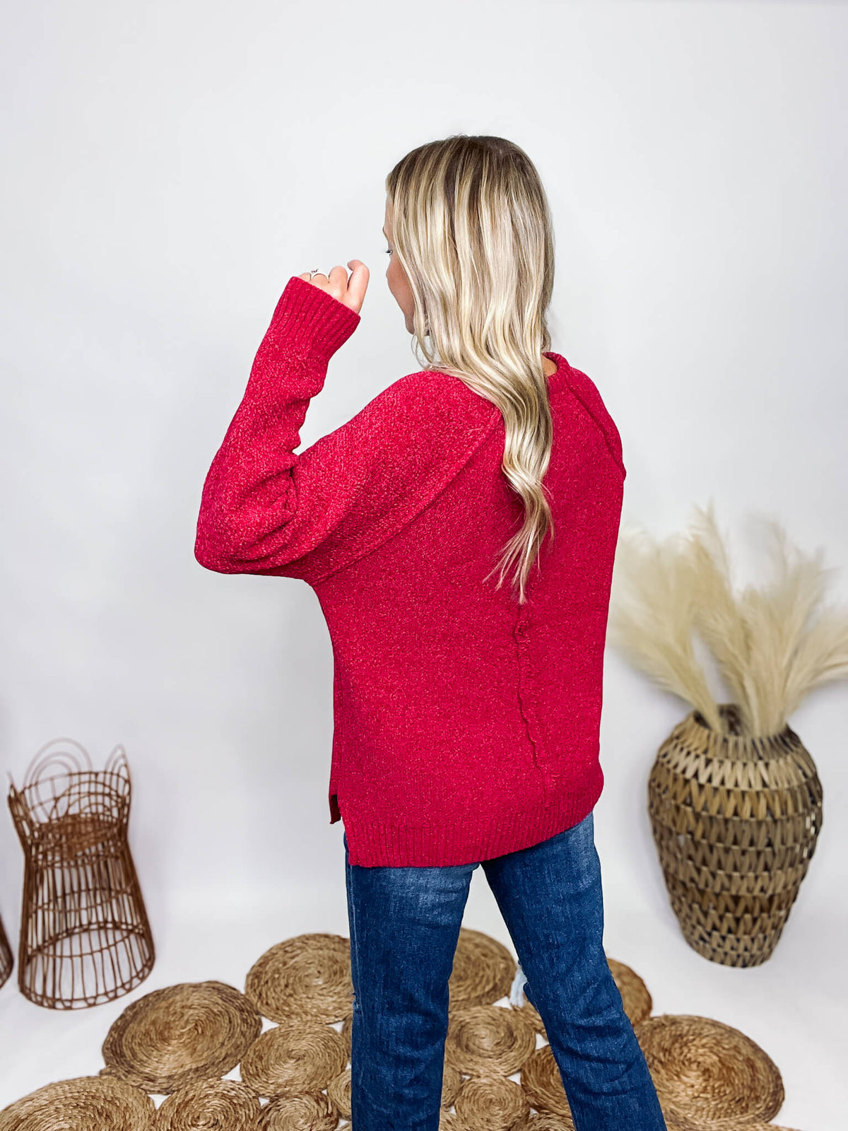 Zenana Red Berry Soft Chenille Sweater Side Slits Ribbed Hem Details Exposed Seam Details Oversized Fit 79% Polyester, 21% Acrylic 