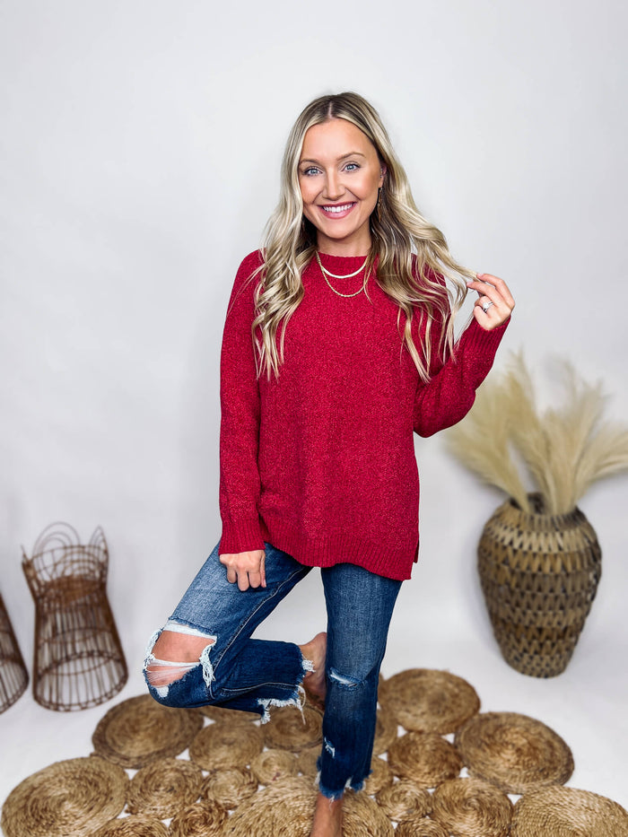 Zenana Red Berry Soft Chenille Sweater Side Slits Ribbed Hem Details Exposed Seam Details Oversized Fit 79% Polyester, 21% Acrylic 