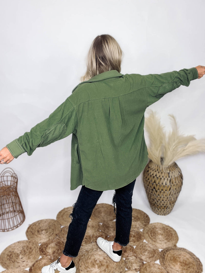 Zenana Light Olive Fleece Shacket Elbow Patches Side Pockets Chest Pockets Oversized Fit 100% Polyester