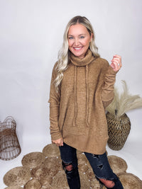 Zenana Camel Color  Cowl Neck with Drawstring Brushed Melange Hacci Sweater Ribbed Hem and Cuff Long Sleeve Soft and Snuggly Stretchy Oversized Fit 82% Polyester, 15% Rayon, 3% Spandex