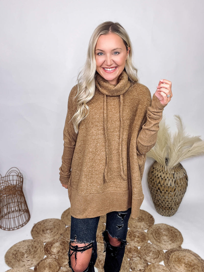 Zenana Camel Color  Cowl Neck with Drawstring Brushed Melange Hacci Sweater Ribbed Hem and Cuff Long Sleeve Soft and Snuggly Stretchy Oversized Fit 82% Polyester, 15% Rayon, 3% Spandex