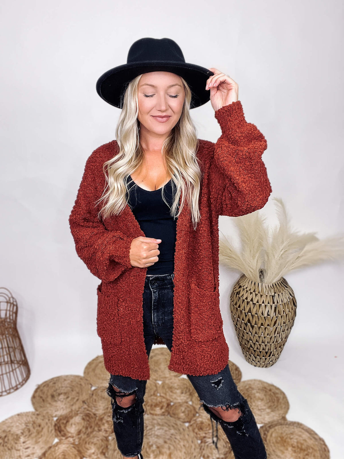 Zenana Dark Rust Soft Snuggly Popcorn Cardigan Balloon Sleeves Side Pockets Relaxed Loose Fit 78% Polyester, 22% Acrylic